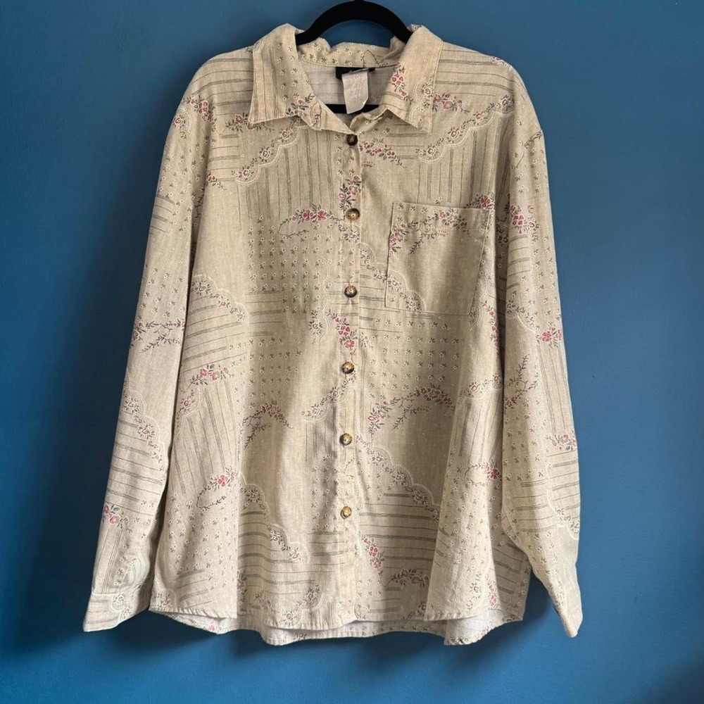 Vintage Floral Blouse Women's Plus Size 24 Tan Tapestry Long Sleeve Collared